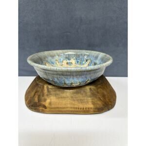 Handmade Pottery Bowl Blue Glazed 8” Diameter  2” Tall